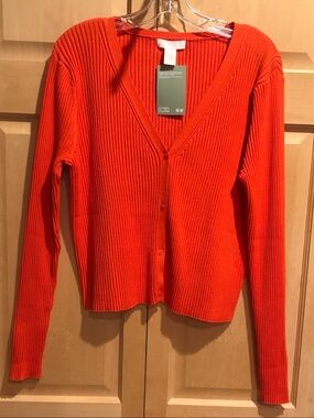 New H&M Bright Orange V-Neck Ribbed Button Cardigan